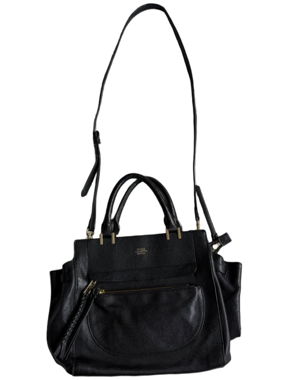 Vince Camuto Black Leather Satchel Bag w/ Crossbody Strap & Gold Hardware